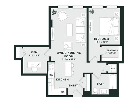 Floor plan for 1 bed, 1 bath, 837 sqft